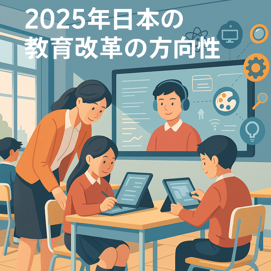 Flat-style digital illustration of a futuristic Japanese classroom in 2025, showing students using tablets, a teacher guiding them, and STEAM icons on a digital board, symbolizing Japan’s education reform.