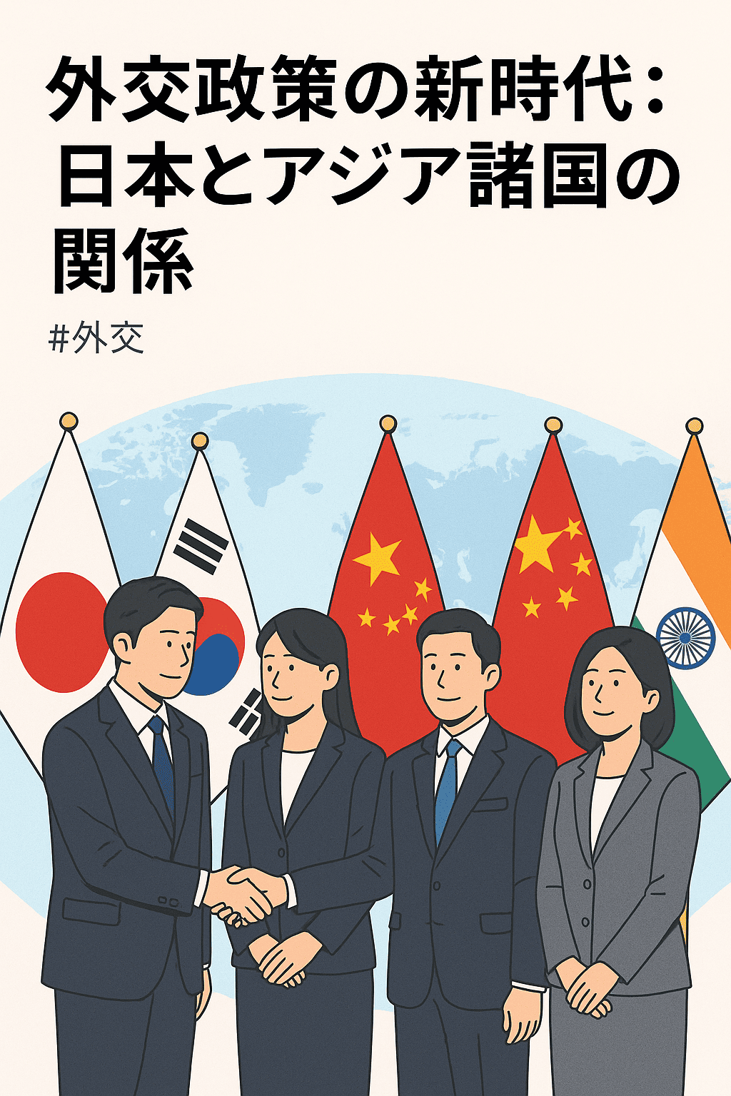 日本とアジア諸国の外交を象徴するイラスト。各国の国旗と握手する外交官が描かれ、協力と友好関係を表現している。
