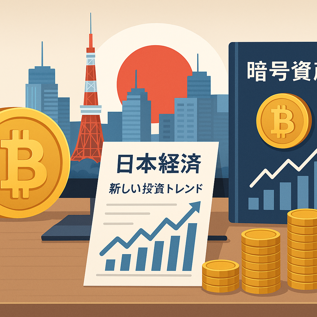 日本経済と暗号資産の関係を示すイラスト。東京の街並みと日の丸、ビットコイン、投資グラフが描かれたインフォグラフィック。