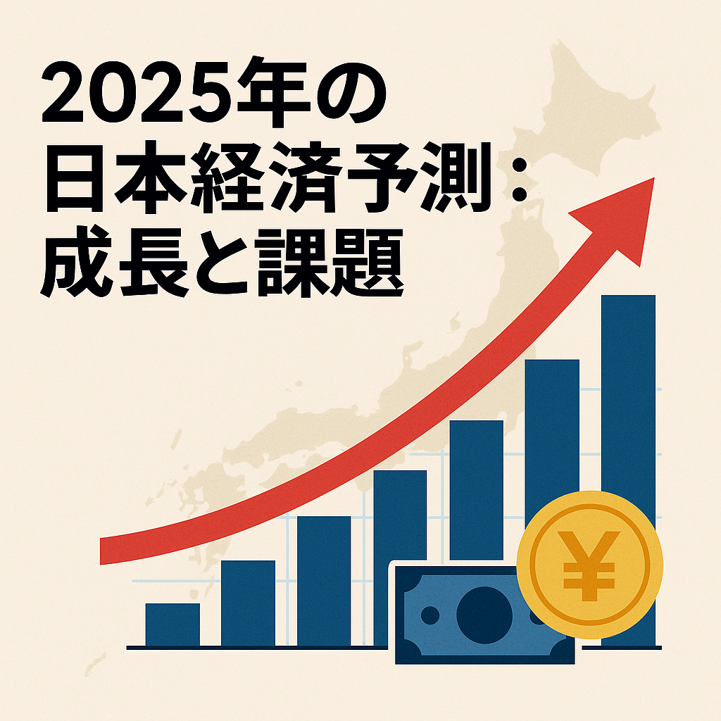 イラストは2025年の日本経済予測を象徴し、円のシンボル、成長を示す赤い矢印、棒グラフ、日本地図のシルエットを描いている。