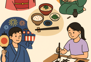若者に人気の日本伝統文化ベスト5を表現したイラスト。着物、和食、祭り、茶道、書道を楽しむ若者の姿。