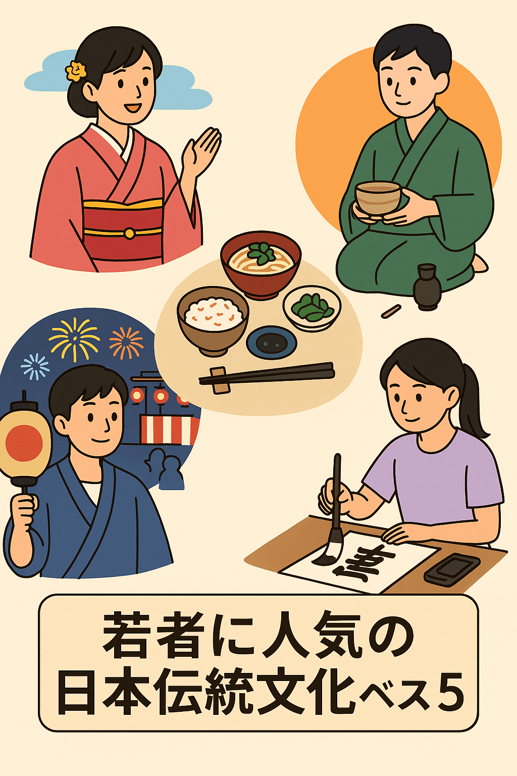 若者に人気の日本伝統文化ベスト5を表現したイラスト。着物、和食、祭り、茶道、書道を楽しむ若者の姿。