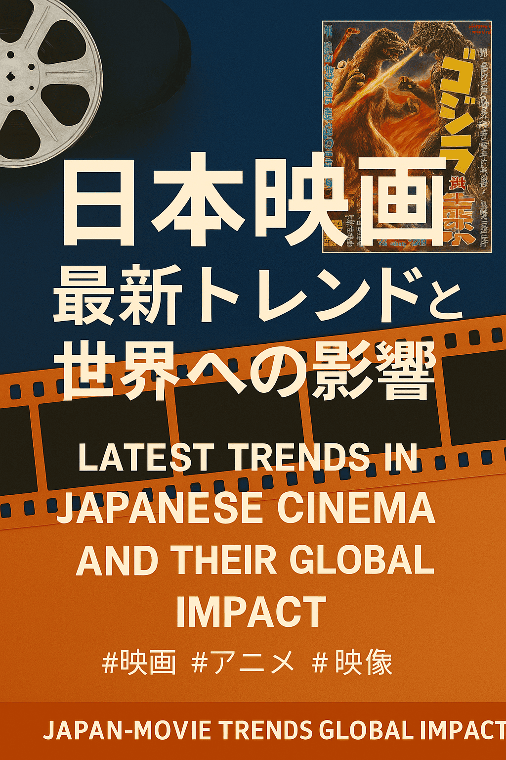 日本映画の最新トレンドを象徴するデジタルポスター風イラスト。フィルムリール、映画ポスター、フィルムストリップを組み合わせ、国内外への影響を示すデザイン。