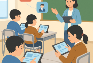 イラストは2025年の日本の教室を描き、生徒たちがタブレットを使ってデジタル学習に取り組んでいる様子。教師はタブレットを手に持ち、黒板の前で指導している。背景にはAIやグローバル教育、多様性を象徴するアイコンが描かれている。