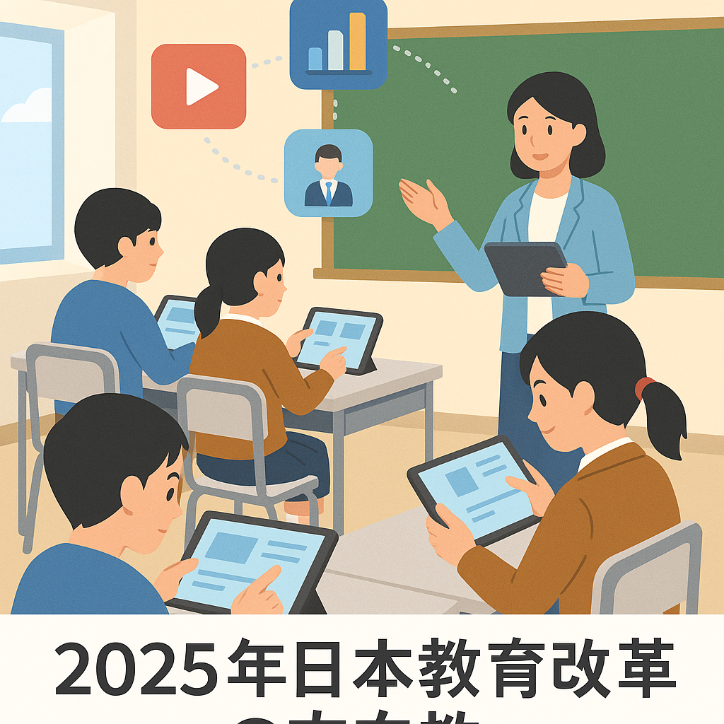 イラストは2025年の日本の教室を描き、生徒たちがタブレットを使ってデジタル学習に取り組んでいる様子。教師はタブレットを手に持ち、黒板の前で指導している。背景にはAIやグローバル教育、多様性を象徴するアイコンが描かれている。