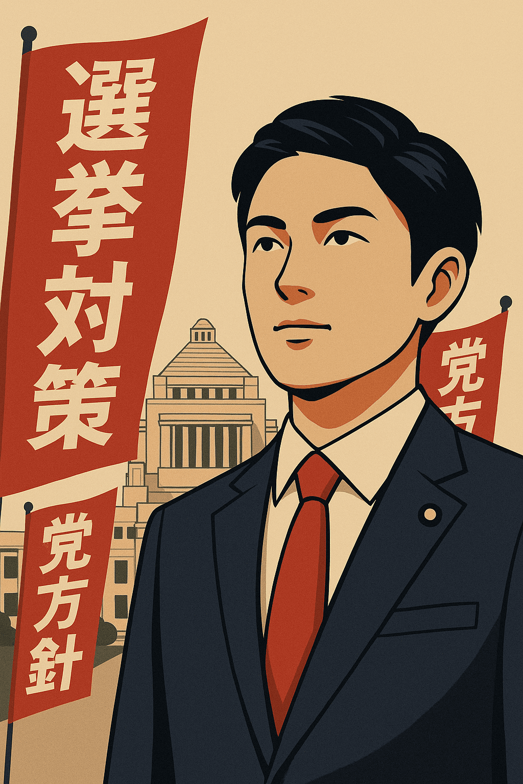 日本の国会議事堂と選挙キャンペーンを背景に、スーツ姿の政治家が描かれたイラスト。次期総選挙に向けた主要政党の戦略を象徴している。