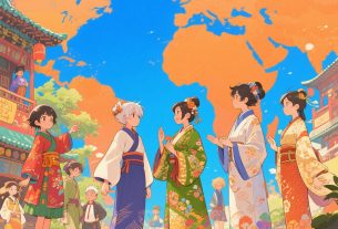 世界中で人気を集める日本のアニメとマンガを象徴するイラスト。キャラクター、マンガ本、スクリーン配信が描かれている。