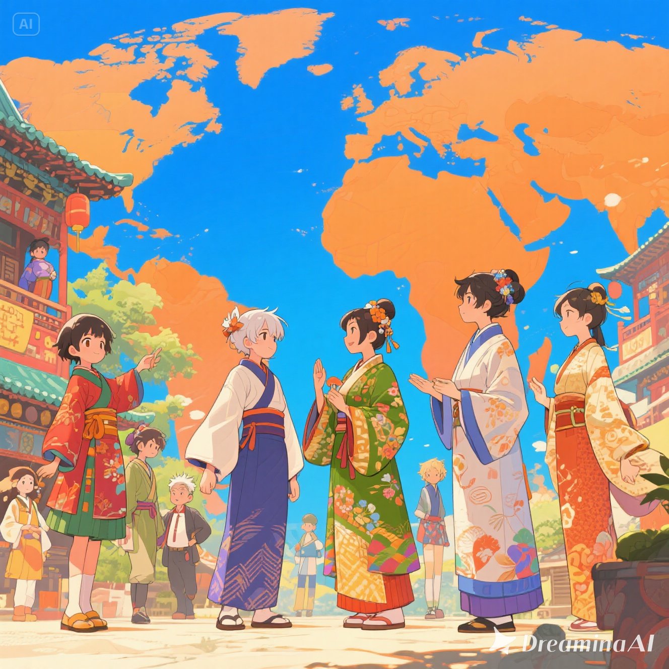 世界中で人気を集める日本のアニメとマンガを象徴するイラスト。キャラクター、マンガ本、スクリーン配信が描かれている。