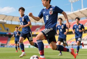 日本サッカー代表チームが試合に臨む様子。スタジアムの熱気とチームの団結を象徴するイラスト。