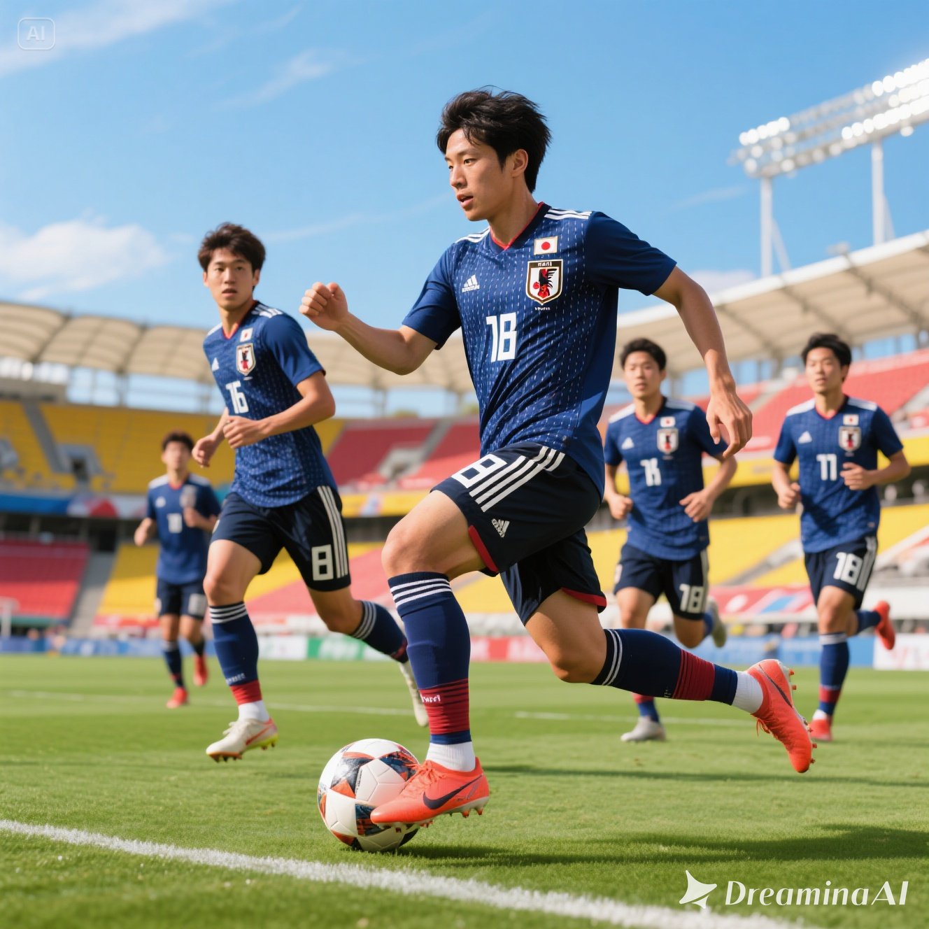 日本サッカー代表チームが試合に臨む様子。スタジアムの熱気とチームの団結を象徴するイラスト。