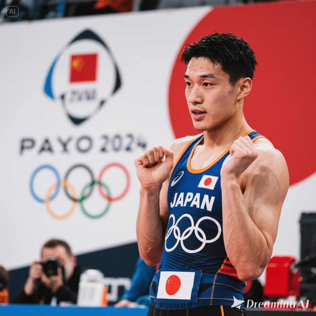 パリ・オリンピック2024で活躍する日本選手たちのイラスト、金メダルや競技シーンを象徴的に描写。