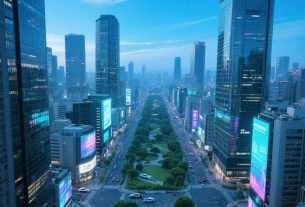 スマートシティ化が進む日本の都市のイラスト。AI、IoT、エコエネルギー、交通システムを融合した未来都市。