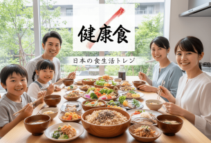 健康志向の食生活トレンドを表すコラージュ。サラダ、発酵食品、プラントベース料理が並ぶ。