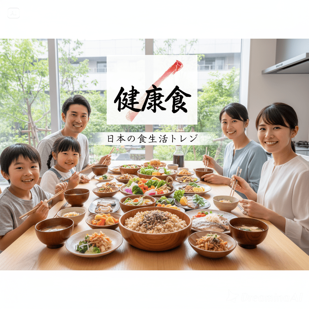 健康志向の食生活トレンドを表すコラージュ。サラダ、発酵食品、プラントベース料理が並ぶ。