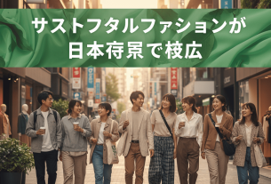 サステナブルファッションを象徴する日本のエコ素材とリサイクル衣料のコラージュ