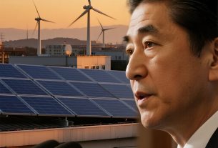 日本の再生可能エネルギーを象徴する太陽光パネル、風力発電、地熱発電のコラージュ。