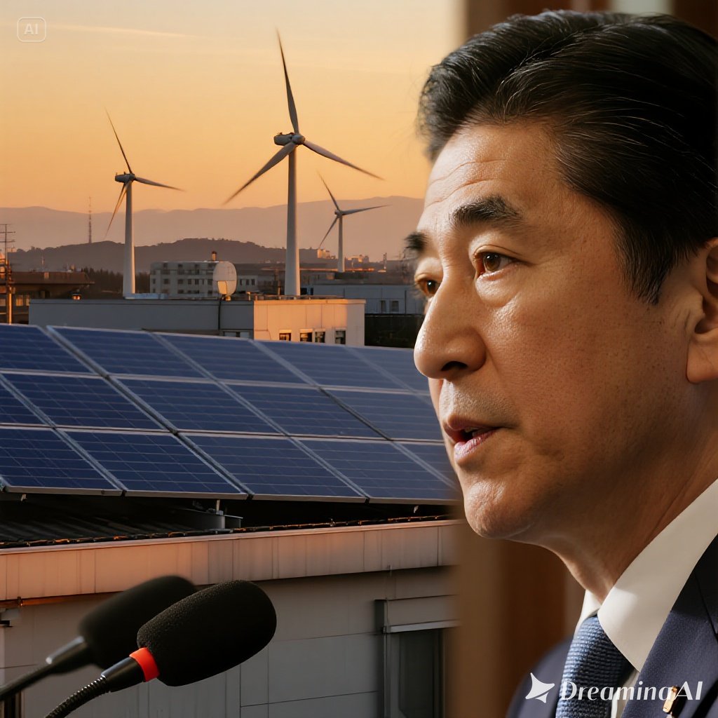 日本の再生可能エネルギーを象徴する太陽光パネル、風力発電、地熱発電のコラージュ。