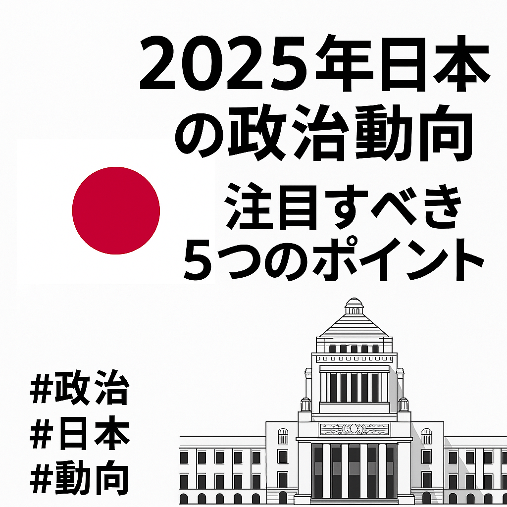 日本の国会議事堂と国旗を背景にした「2025年日本の政治動向：注目すべき5つのポイント」という政治ニュース記事のイラスト