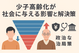 日本語のインフォグラフィック。逆三角形の人口ピラミッドが描かれ、若者人口の減少と高齢者人口の増加を示す。横には年金・医療・政策を象徴するアイコンが配置され、少子高齢化の課題を視覚的に表現。