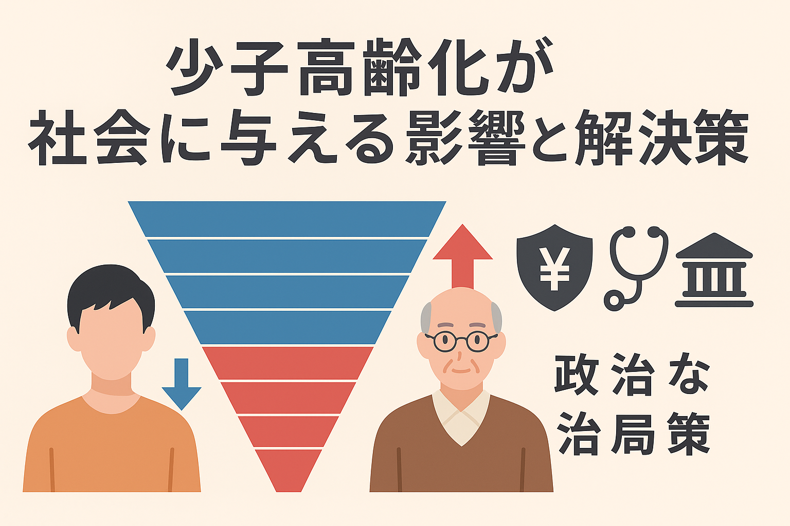 日本語のインフォグラフィック。逆三角形の人口ピラミッドが描かれ、若者人口の減少と高齢者人口の増加を示す。横には年金・医療・政策を象徴するアイコンが配置され、少子高齢化の課題を視覚的に表現。
