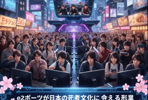 ステージでeスポーツ大会を観戦する若者たちと大型スクリーンの映像