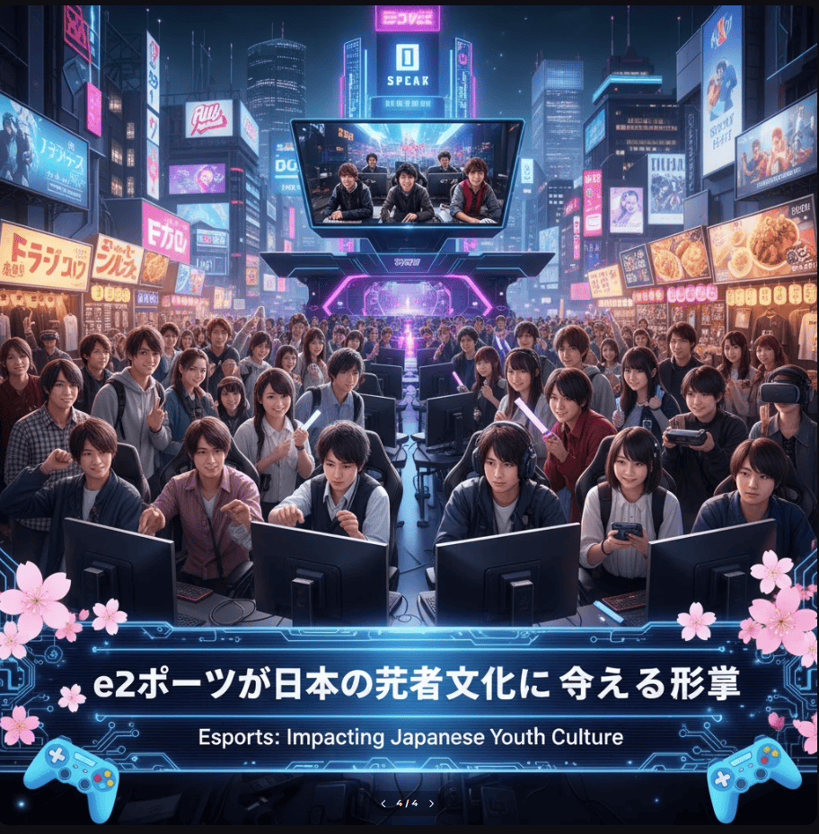 ステージでeスポーツ大会を観戦する若者たちと大型スクリーンの映像