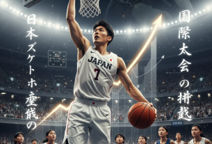 日本代表チームが国際大会で活躍する様子。赤と白のユニフォームで歓喜する選手たち。