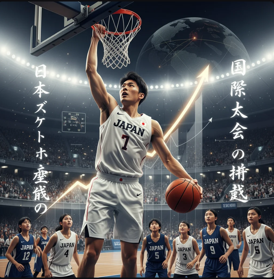 日本代表チームが国際大会で活躍する様子。赤と白のユニフォームで歓喜する選手たち。