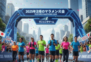 朝日に照らされたランナーたちが都市マラソンを走る光景。背後に未来的な都市ビル群が映る。”