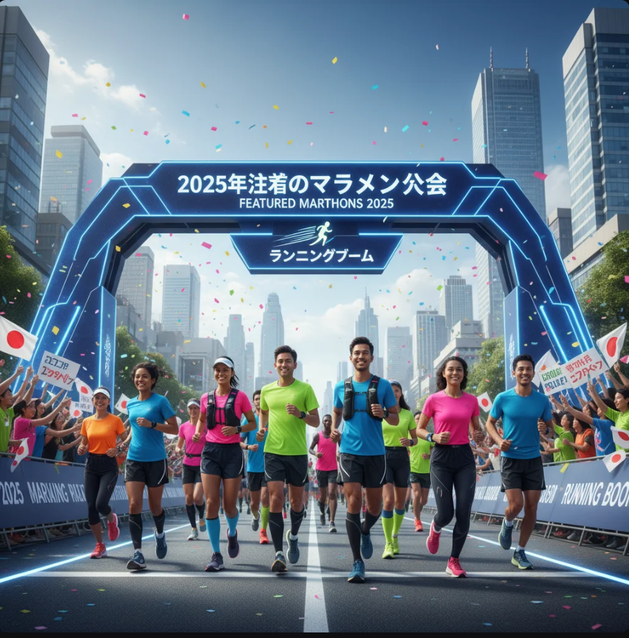 朝日に照らされたランナーたちが都市マラソンを走る光景。背後に未来的な都市ビル群が映る。”