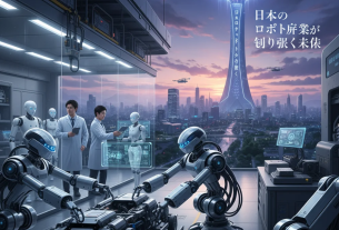 近未来の都市で人間とロボットが共に歩く光景。