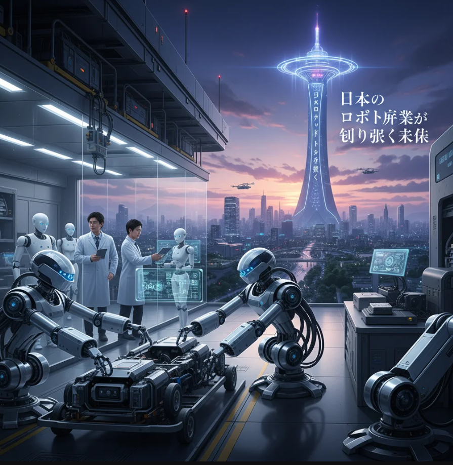 近未来の都市で人間とロボットが共に歩く光景。