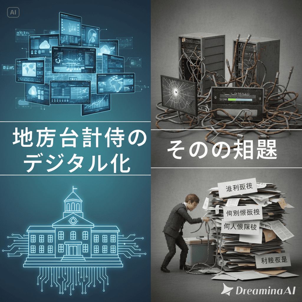地方自治体のデジタル化を象徴する役所とデジタル技術のイラスト