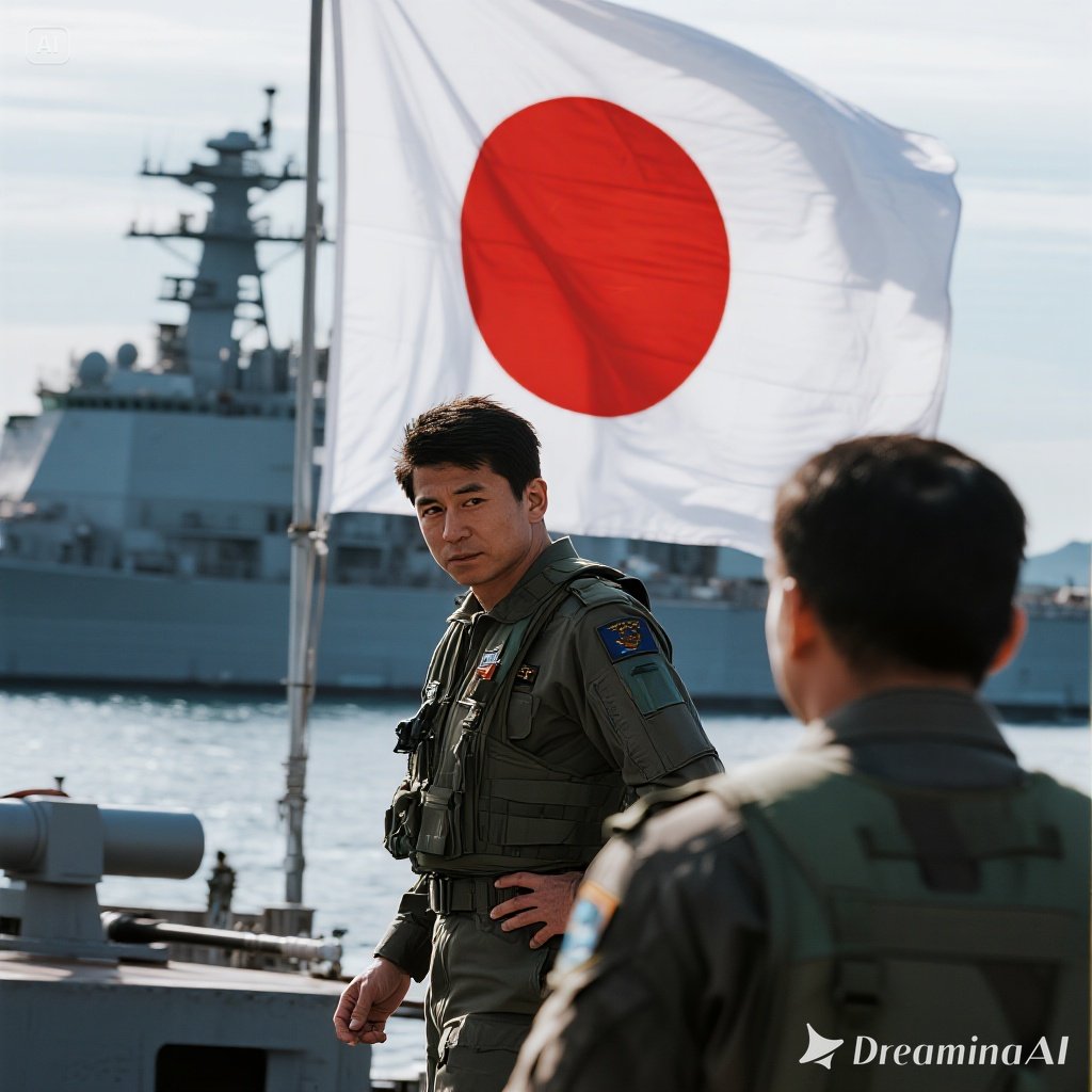 日本の防衛政策を象徴する自衛隊と日の丸のイラスト