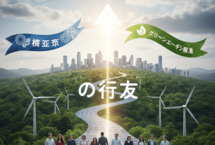 再生可能エネルギーを象徴する風力発電と太陽光発電のイラスト