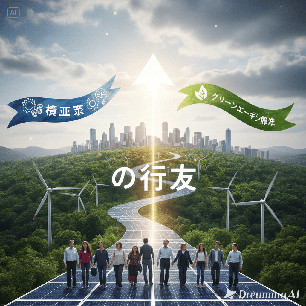 再生可能エネルギーを象徴する風力発電と太陽光発電のイラスト