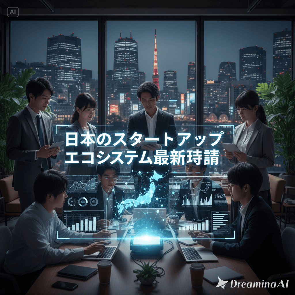 日本のスタートアップエコシステムを象徴するイラスト、都市、投資、AI技術のコラージュ