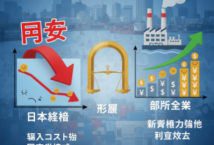 円安と日本経済を象徴するイラスト。円マーク、輸出コンテナ、観光業のイメージ。