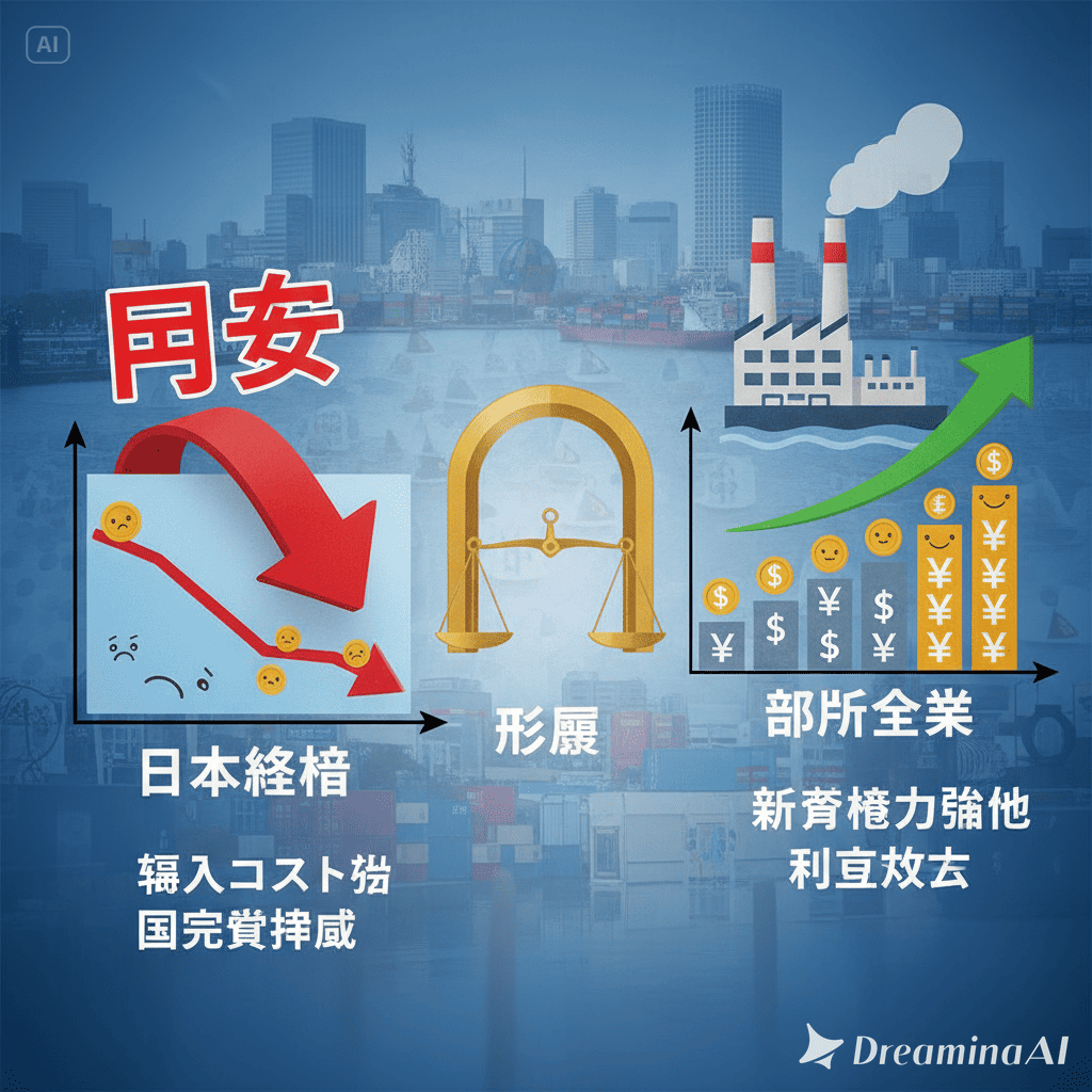 円安と日本経済を象徴するイラスト。円マーク、輸出コンテナ、観光業のイメージ。