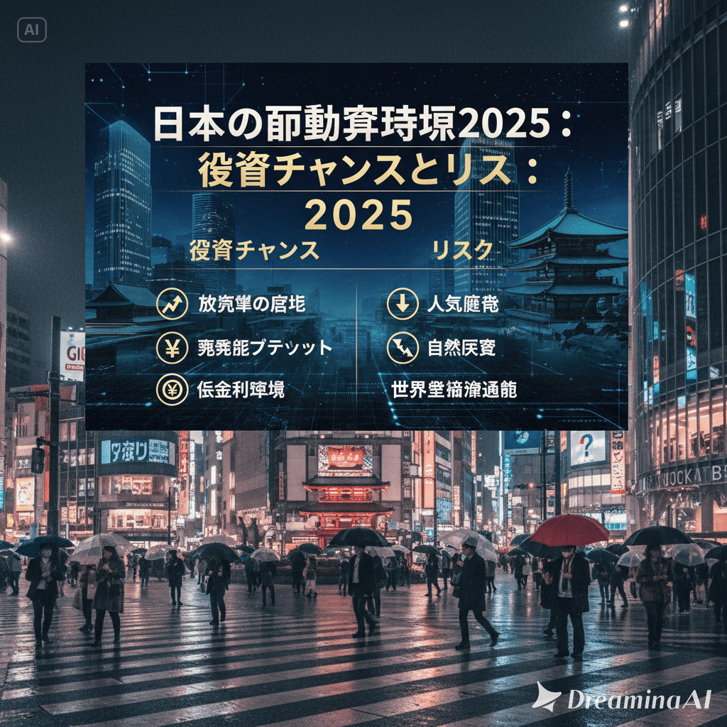 東京の都市景観と不動産建物のイラスト、投資とリスクを示すアイコン付き。