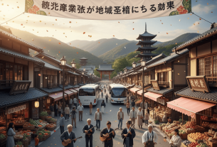 観光客で賑わう地域の街並みや観光施設のイラスト。経済活動が活発化している様子を表現。