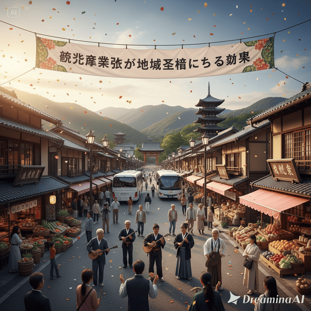 観光客で賑わう地域の街並みや観光施設のイラスト。経済活動が活発化している様子を表現。