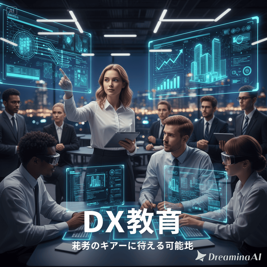 DX教育を受ける若者たちがデジタルスキルを学ぶ様子のイラスト