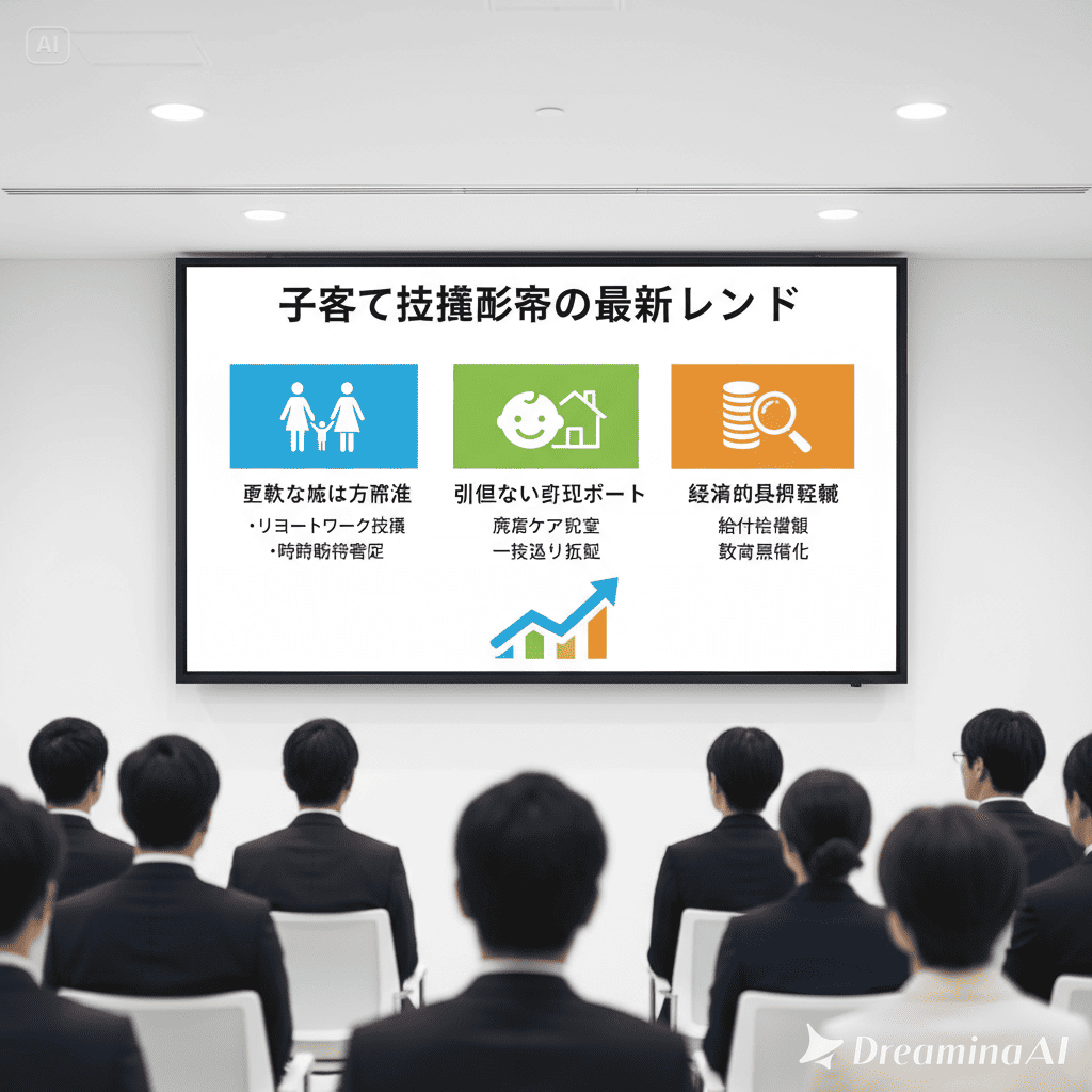 子育て支援を受ける家族と保育士、地域の支援者を描いたイラスト