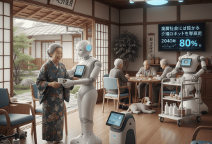 介護ロボットが高齢者をサポートする近未来的なシーン