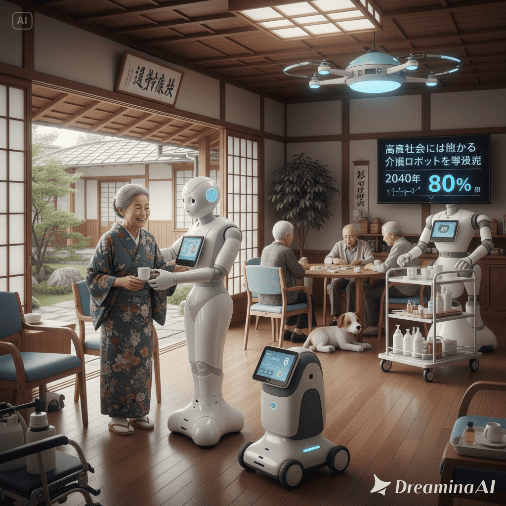 介護ロボットが高齢者をサポートする近未来的なシーン