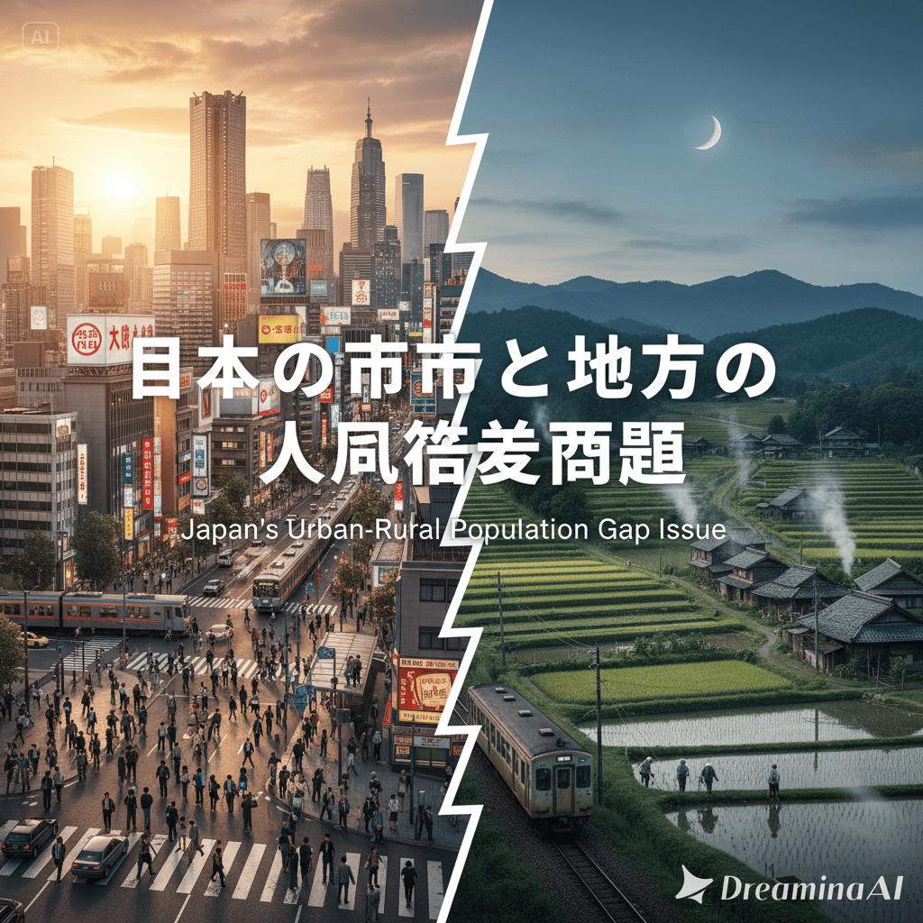 日本の地図を背景に、都市と地方の人口分布を示すグラフのイラスト。