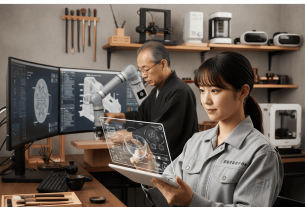 伝統工芸の職人がデジタル技術を活用して制作する様子のイラスト