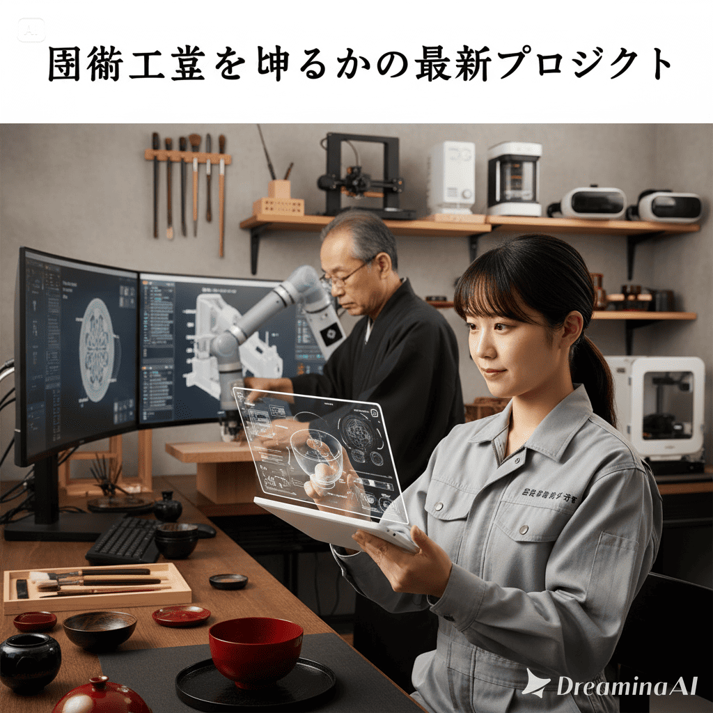 伝統工芸の職人がデジタル技術を活用して制作する様子のイラスト