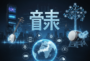 デジタルサウンドウェーブと日本の音楽アーティストを象徴するイラスト